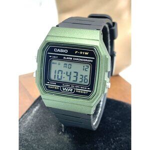 Casio Men's Watch F91W Quartz Digital Green Black Resin Sport 34mm Stopwatch